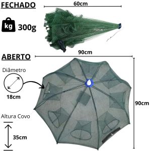 Covo Armadilha Guarda Chuva Para Camarão Lambari C/ 8 Bocas